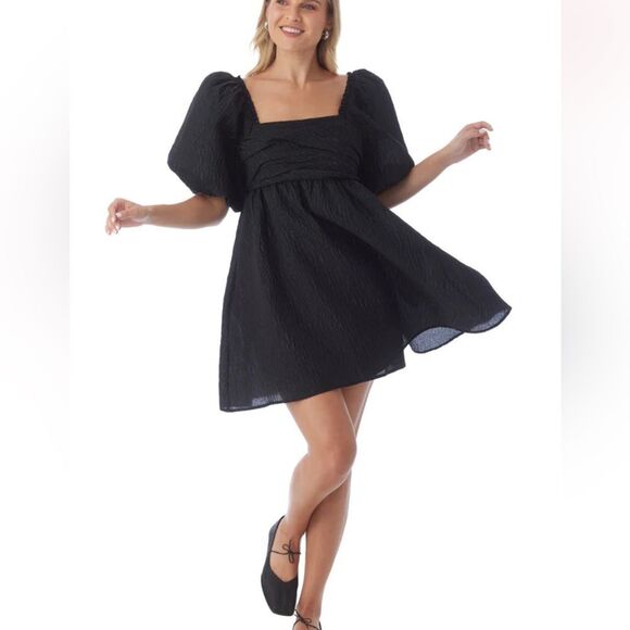 Crosby Hunter Black Puff Sleeve Cupcake Babydoll Mini Dress NWT Medium - Picture 1 of 9